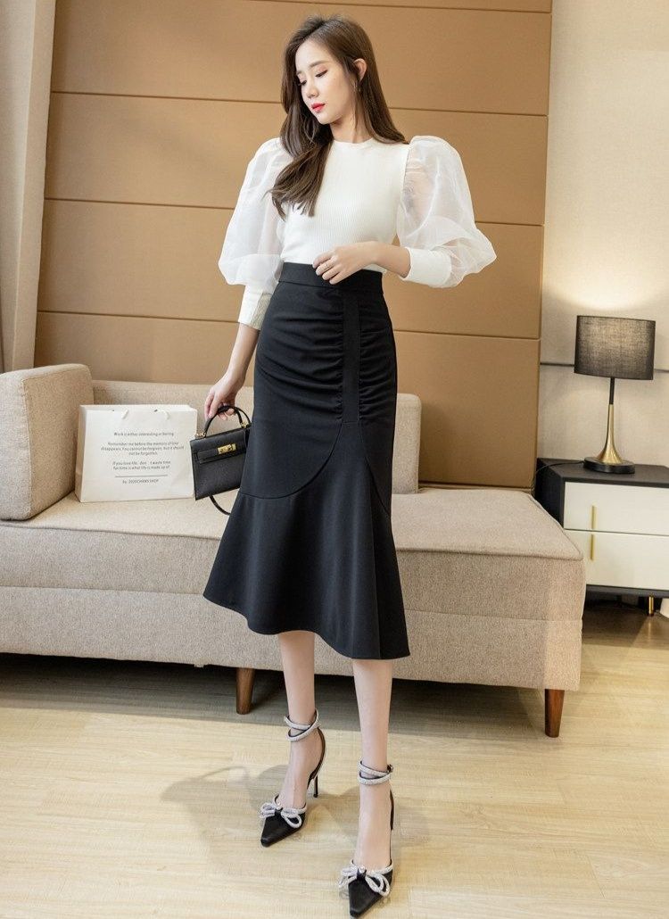 タイトスカート サイドドレープ裾フレアタイトロングスカート