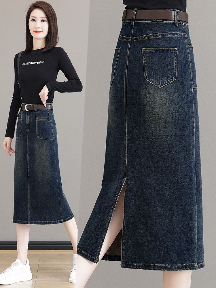 タイトスカート デニム素材サイドスリット入りタイトスカート