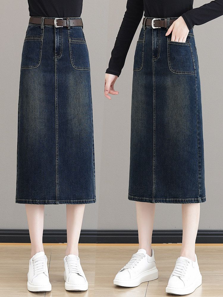 タイトスカート デニム素材サイドスリット入りタイトスカート