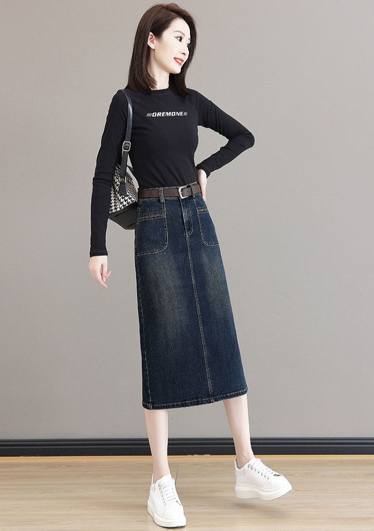 タイトスカート デニム素材サイドスリット入りタイトスカート