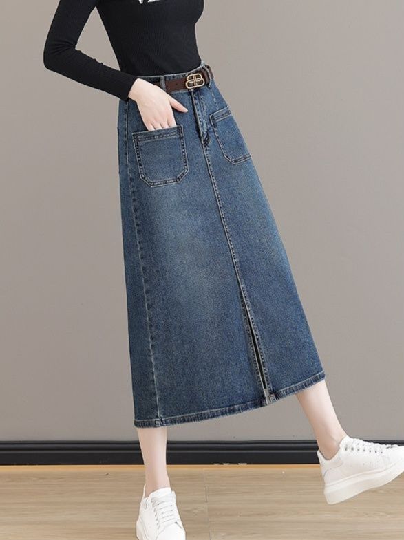 タイトスカート 前ポケット付きデニムタイトロングスカート