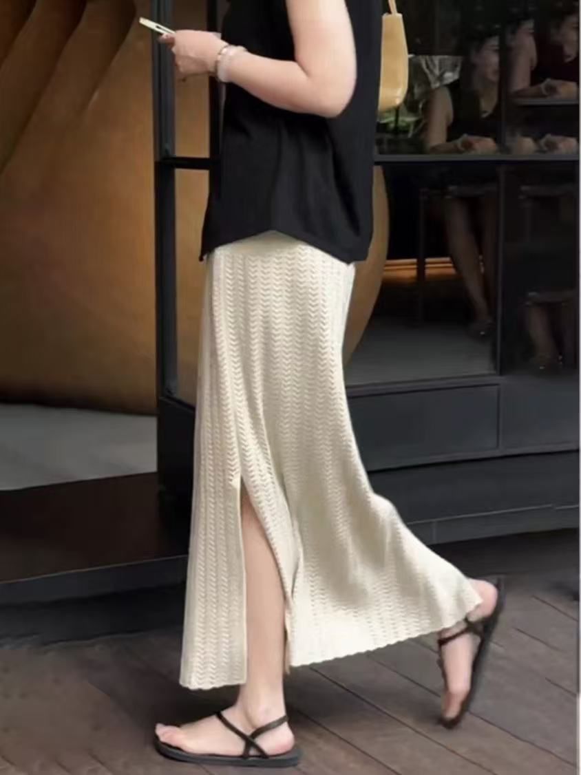 タイトスカート 透かし編みニットタイトスカートマキシ丈