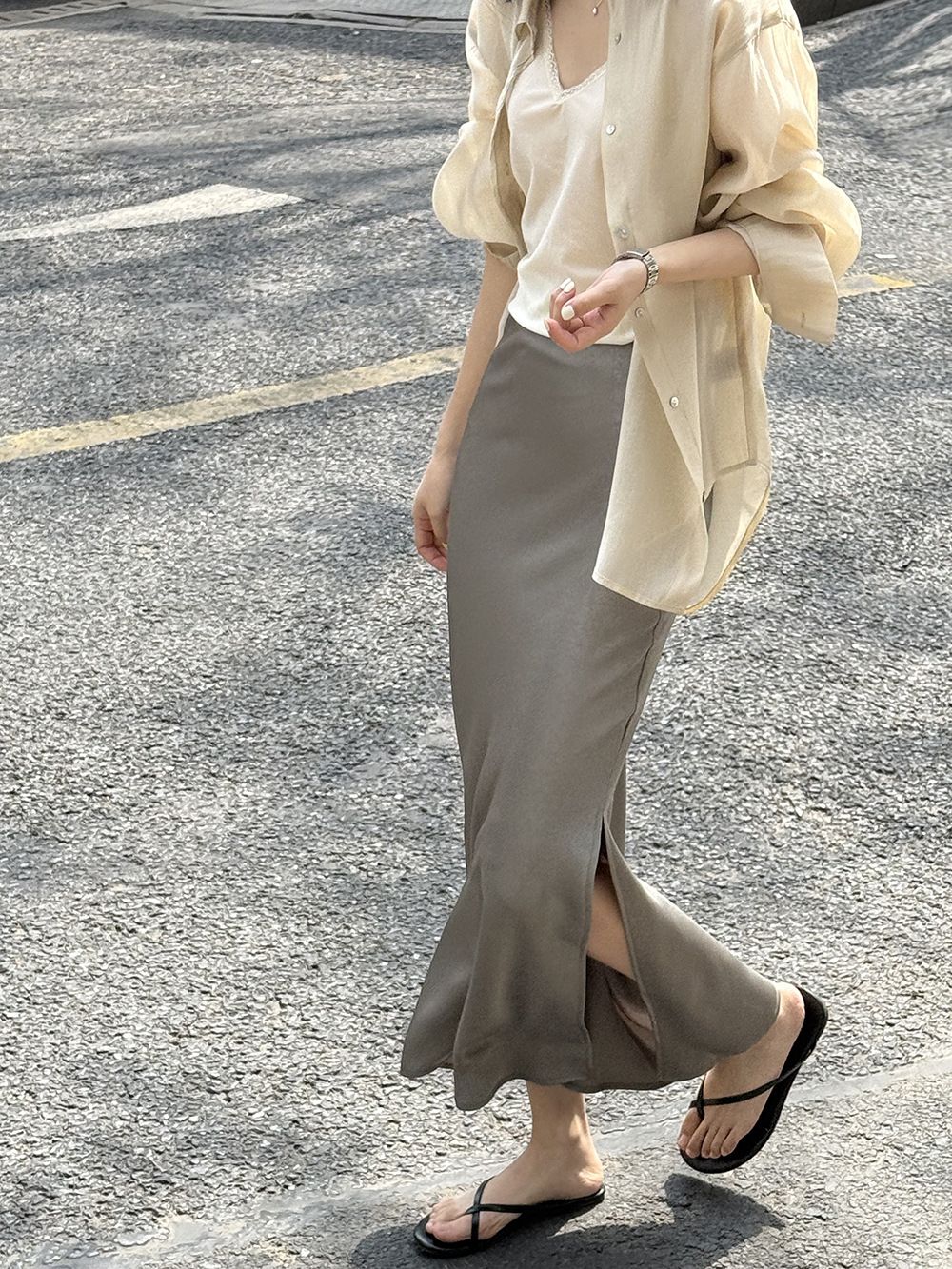 タイトスカート サイドスリット入りサテン調タイトスカートマキシ丈