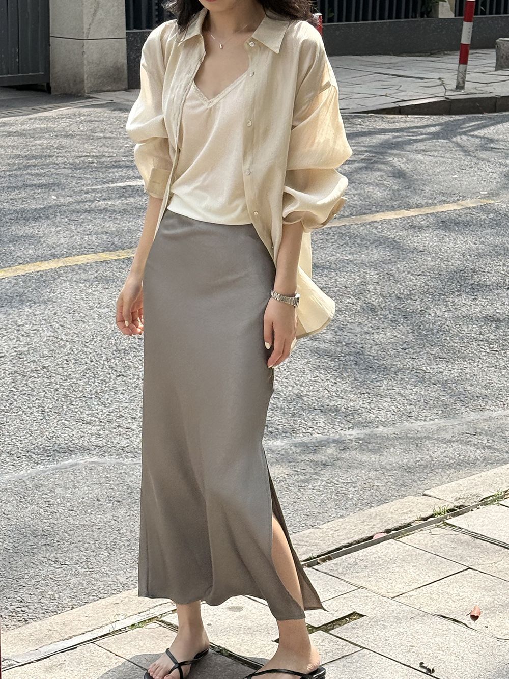 タイトスカート サイドスリット入りサテン調タイトスカートマキシ丈
