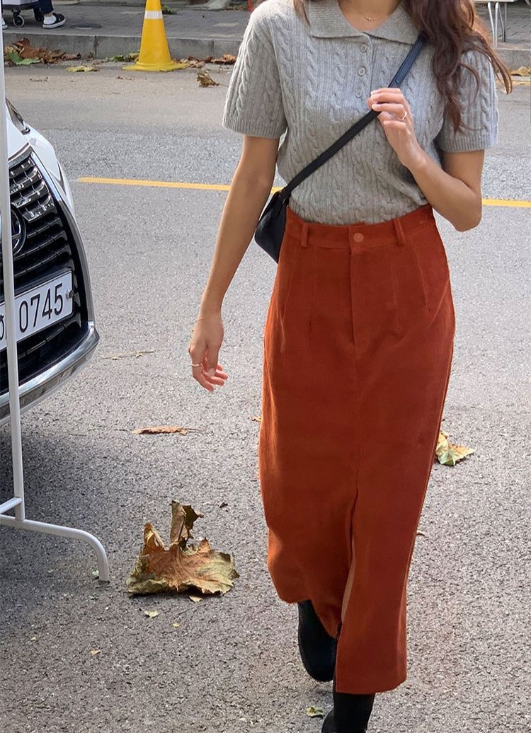 タイトスカート 裏起毛コーデュロイフロントスリットタイトスカート