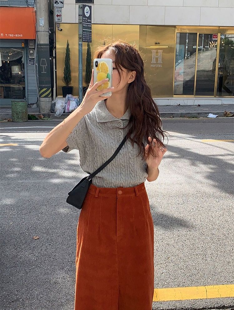 タイトスカート 裏起毛コーデュロイフロントスリットタイトスカート