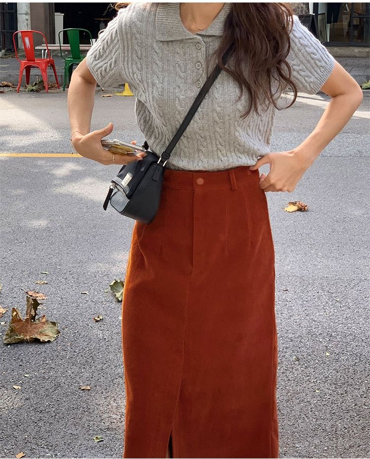 タイトスカート 裏起毛コーデュロイフロントスリットタイトスカート