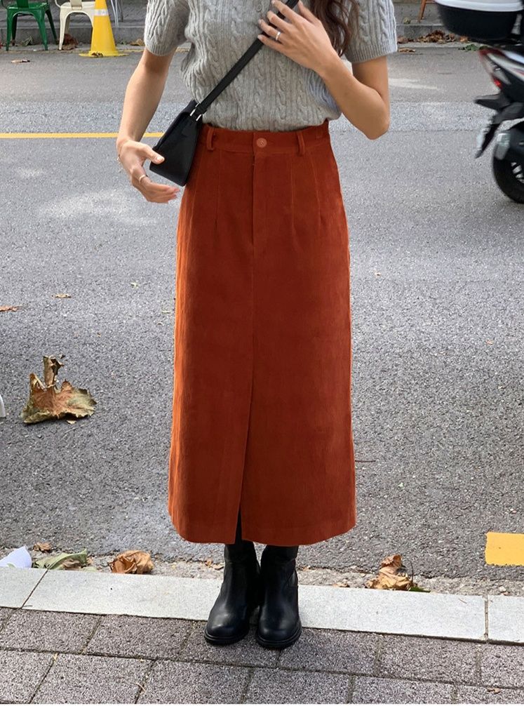 タイトスカート 裏起毛コーデュロイフロントスリットタイトスカート