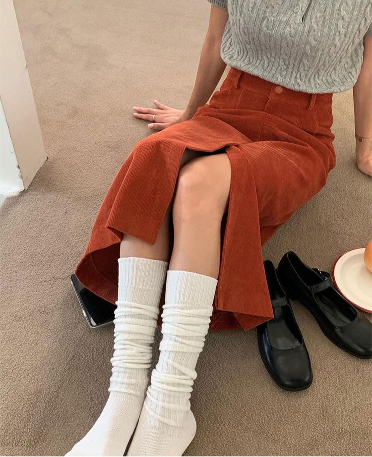 タイトスカート 裏起毛コーデュロイフロントスリットタイトスカート