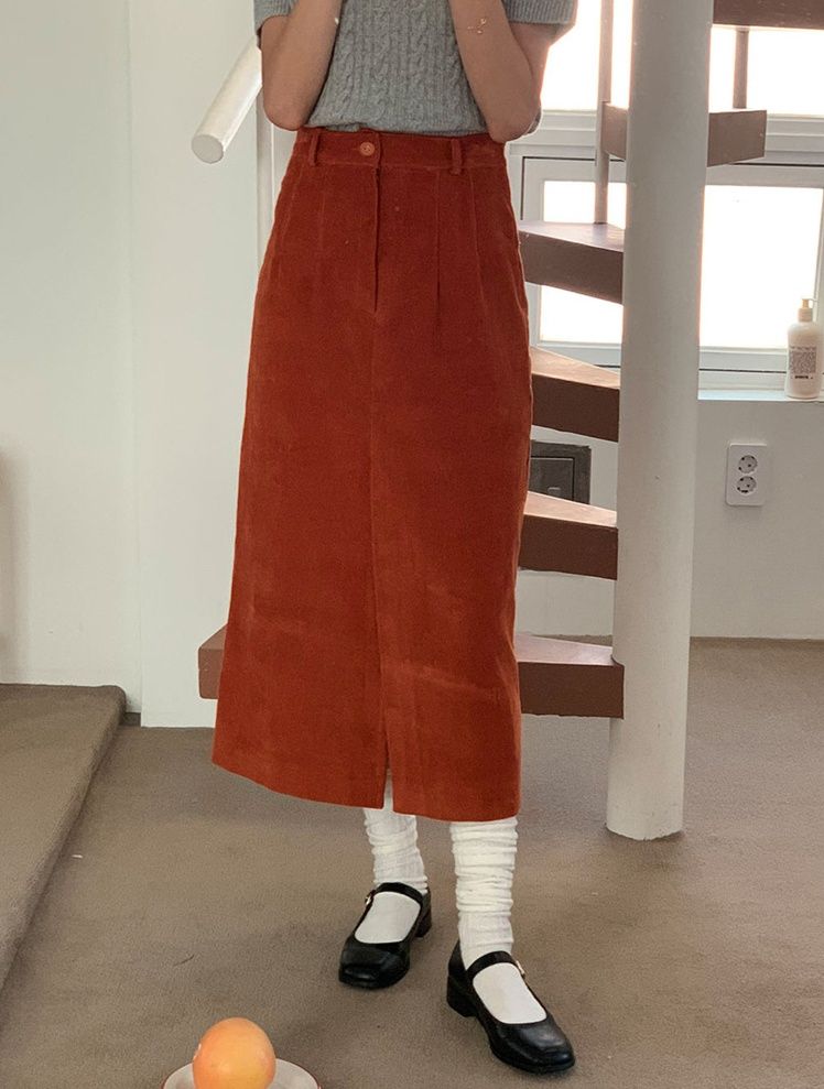 タイトスカート 裏起毛コーデュロイフロントスリットタイトスカート