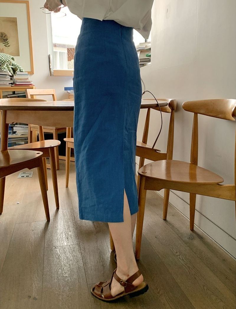 タイトスカート サイドスリット入りデニム風タイトスカートロング丈