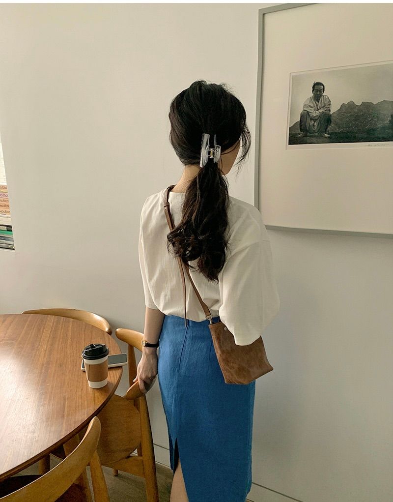 タイトスカート サイドスリット入りデニム風タイトスカートロング丈