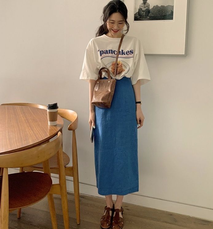 タイトスカート サイドスリット入りデニム風タイトスカートロング丈