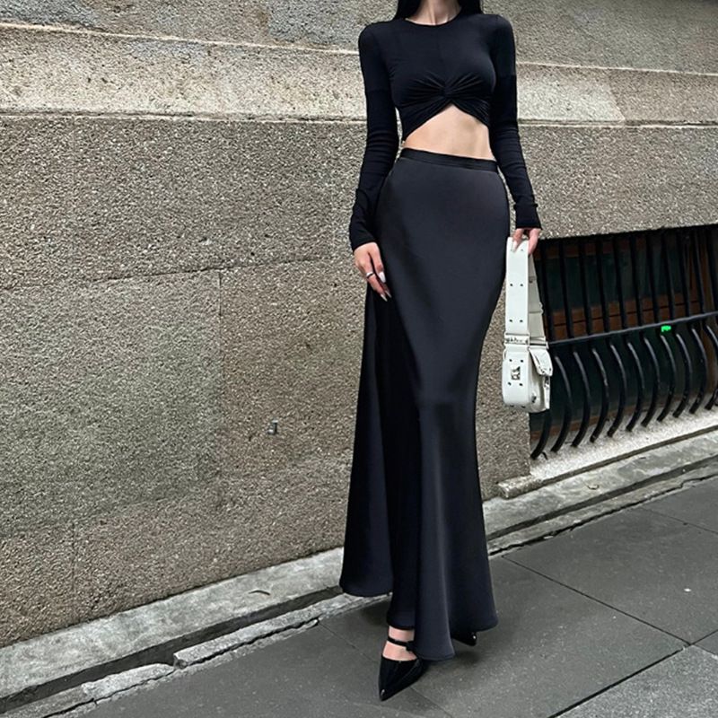 タイトスカート サテン光沢ハイウエストタイトマキシスカート