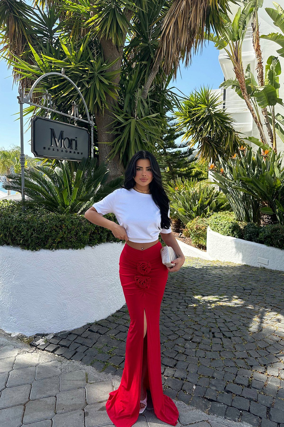 タイトスカート 立体フラワー装飾サイドスリットマキシタイトスカート