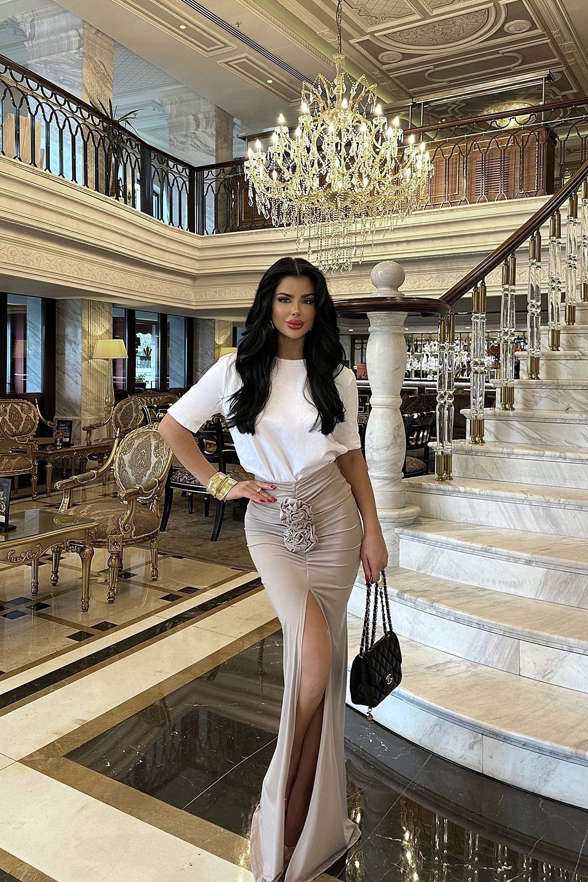 タイトスカート 立体フラワー装飾サイドスリットマキシタイトスカート