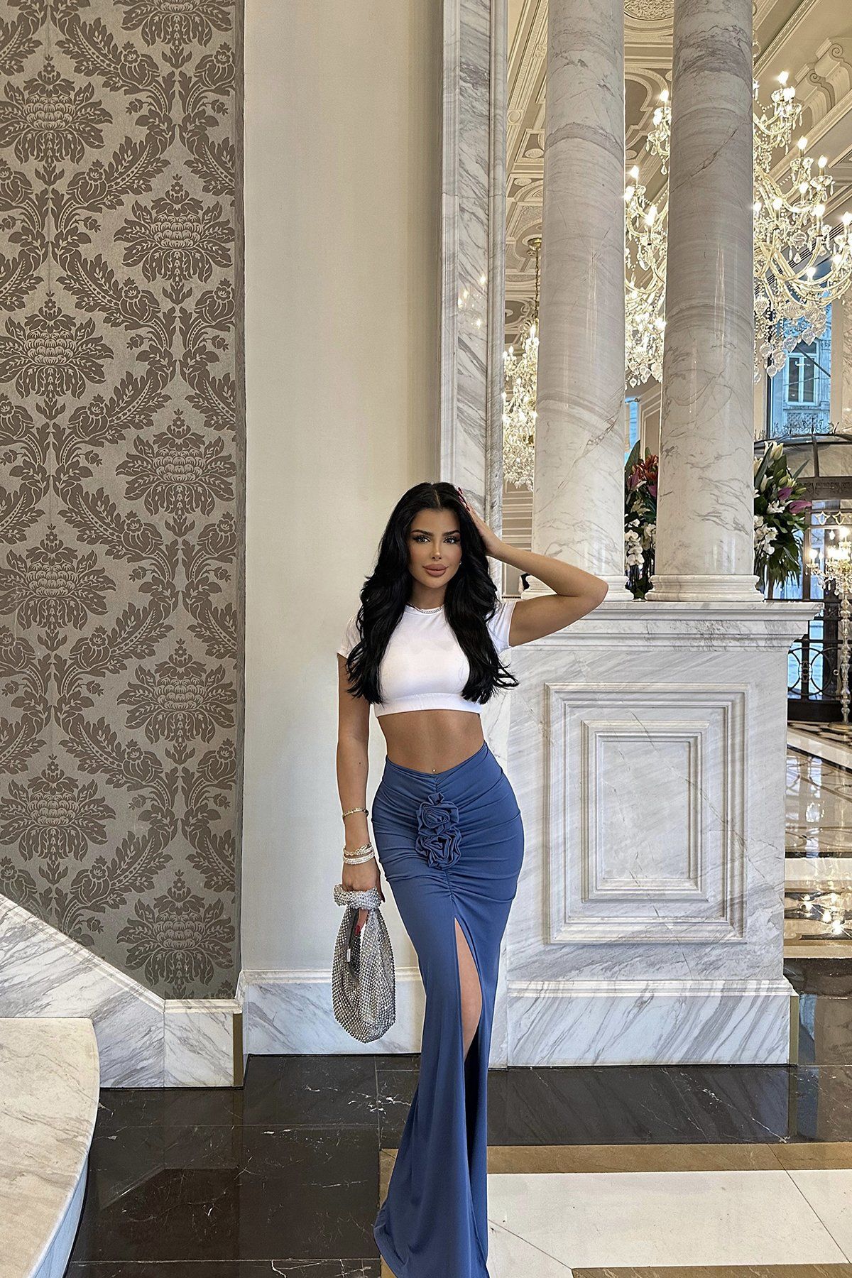 タイトスカート 立体フラワー装飾サイドスリットマキシタイトスカート