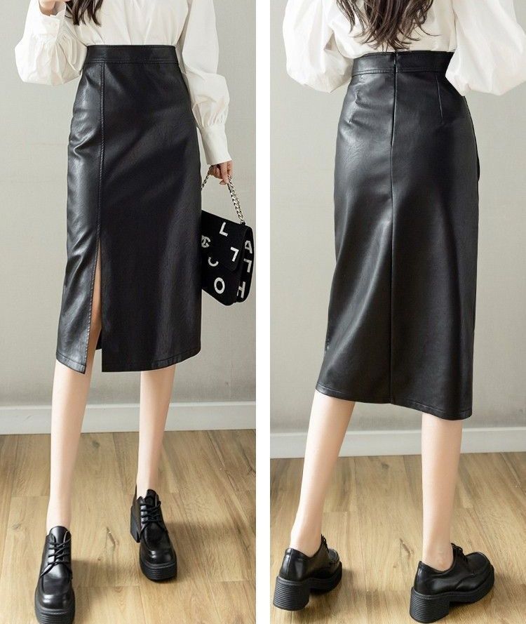 タイトスカート レザー調サイドスリット入りタイトスカート