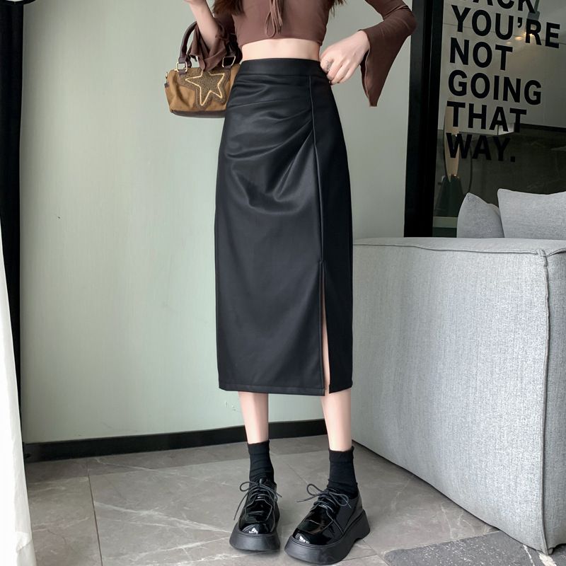 タイトスカート 合成皮革サイドスリット入りタイトスカートロング丈