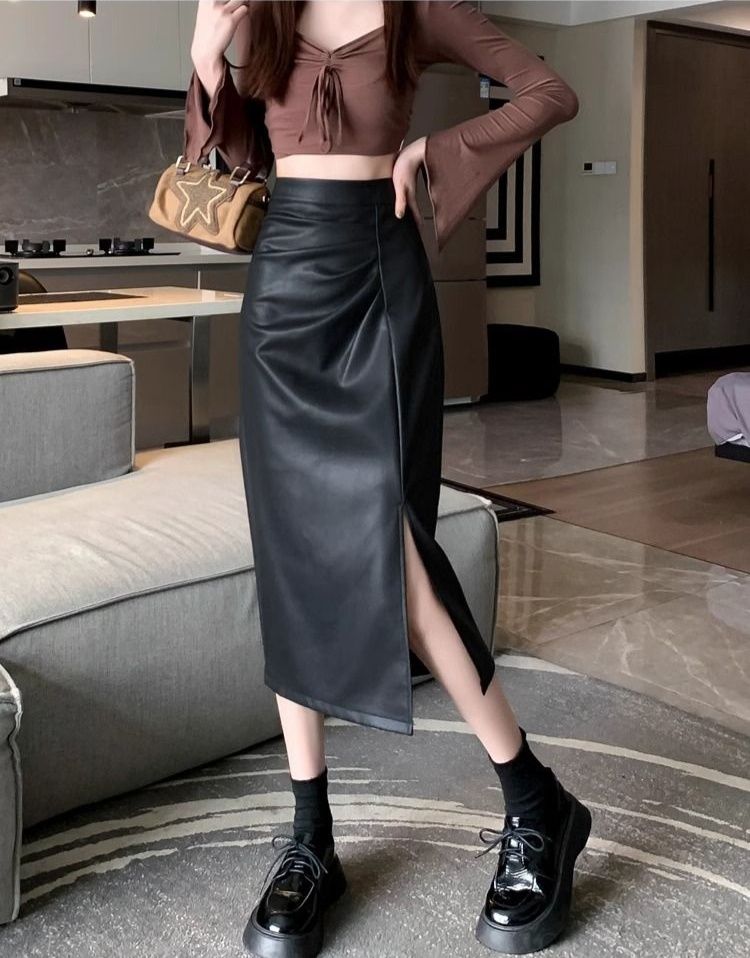 タイトスカート 合成皮革サイドスリット入りタイトスカートロング丈