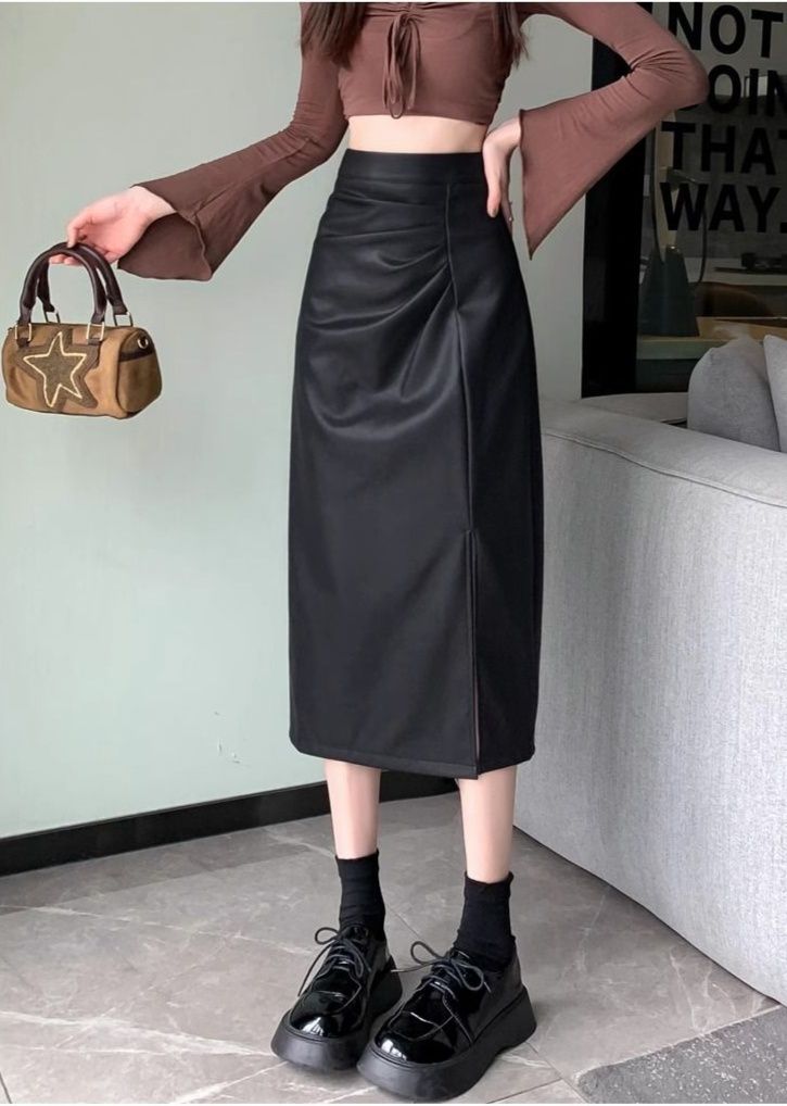 タイトスカート 合成皮革サイドスリット入りタイトスカートロング丈