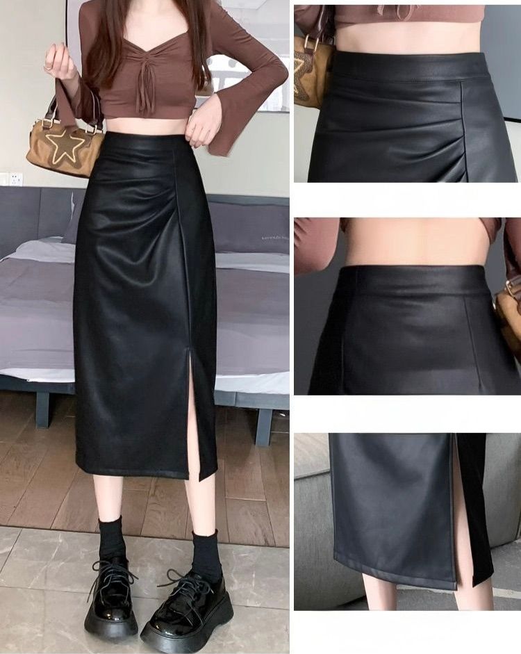 タイトスカート 合成皮革サイドスリット入りタイトスカートロング丈