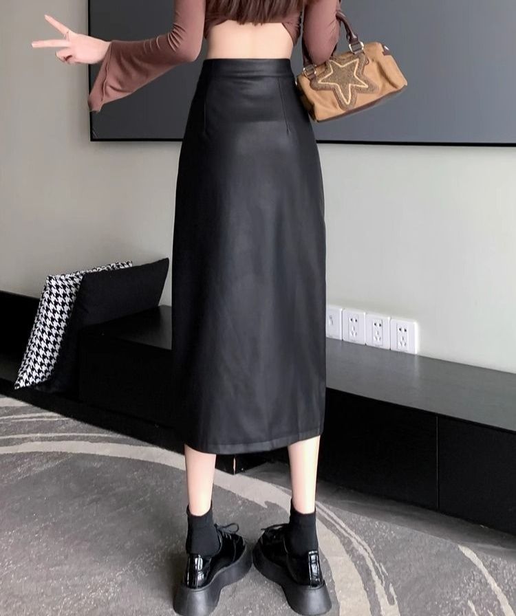タイトスカート 合成皮革サイドスリット入りタイトスカートロング丈