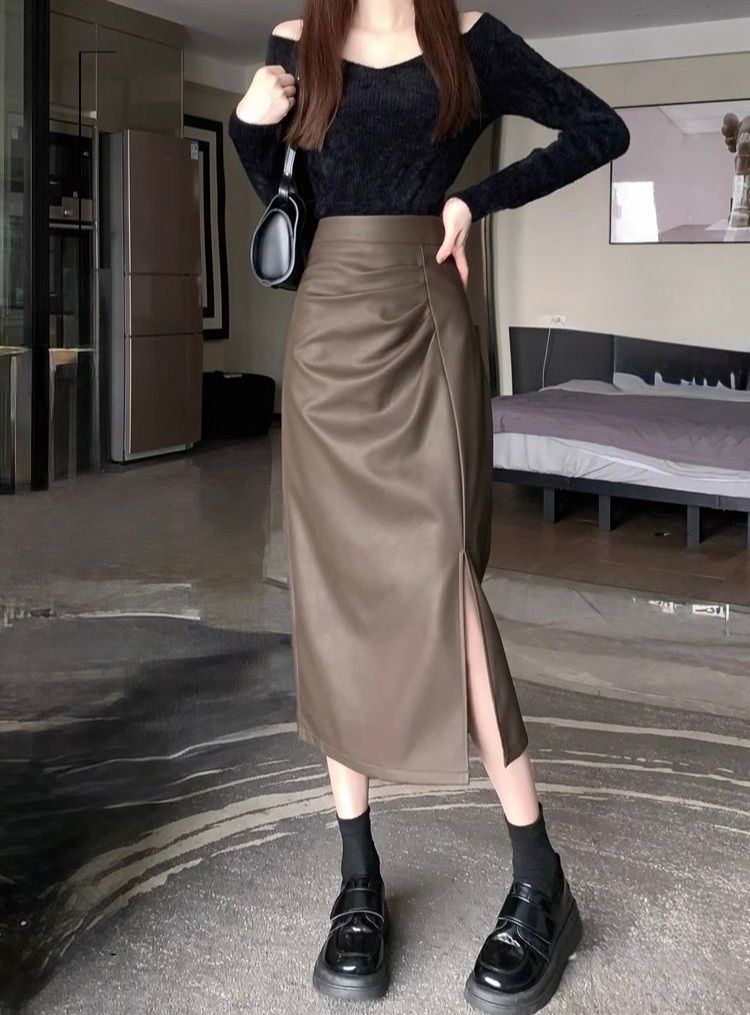 タイトスカート 合成皮革サイドスリット入りタイトスカートロング丈