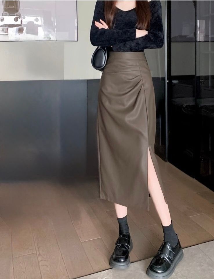 タイトスカート 合成皮革サイドスリット入りタイトスカートロング丈