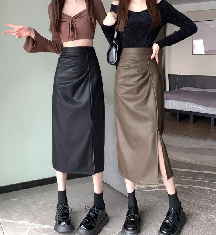 タイトスカート 合成皮革サイドスリット入りタイトスカートロング丈