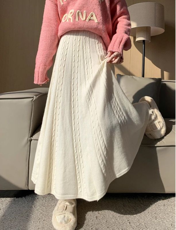 タイトスカート 立体ケーブル編みニットロングタイトスカート