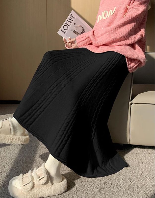 タイトスカート 立体ケーブル編みニットロングタイトスカート