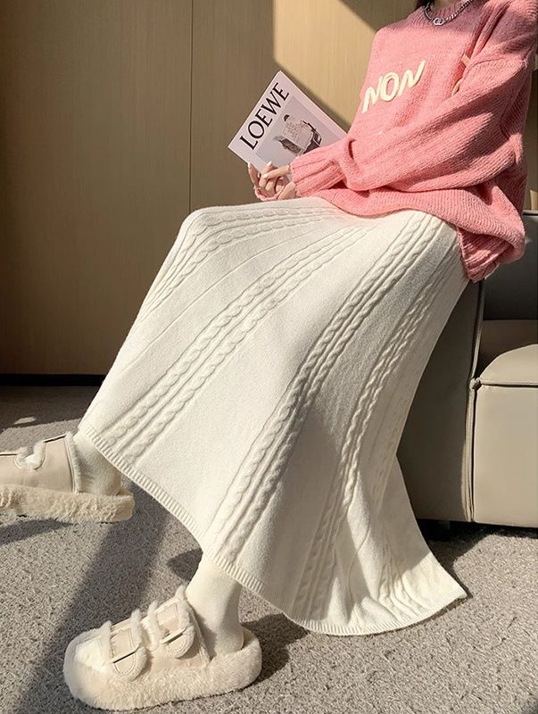 タイトスカート 立体ケーブル編みニットロングタイトスカート