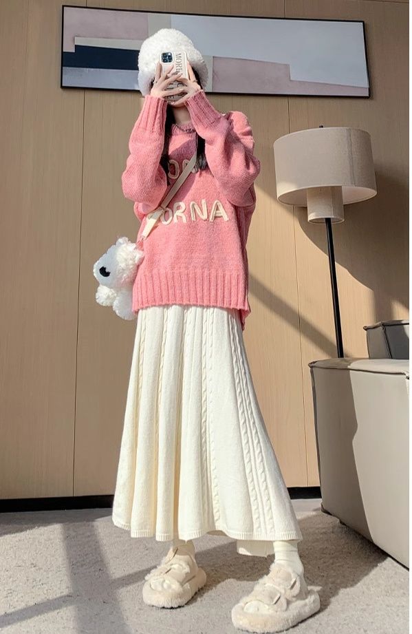 タイトスカート 立体ケーブル編みニットロングタイトスカート