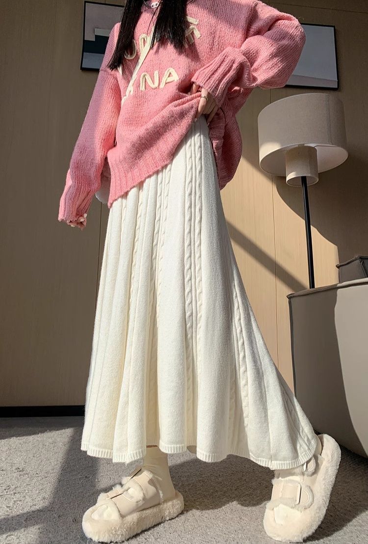 タイトスカート 立体ケーブル編みニットロングタイトスカート