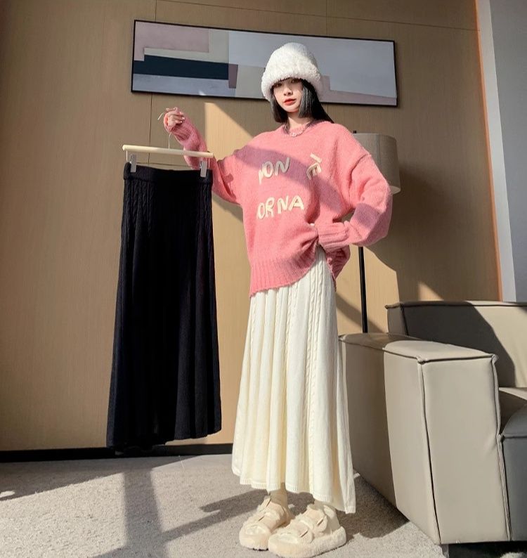 タイトスカート 立体ケーブル編みニットロングタイトスカート