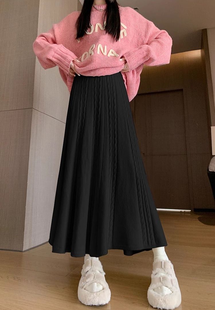 タイトスカート 立体ケーブル編みニットロングタイトスカート