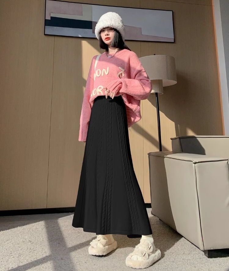 タイトスカート 立体ケーブル編みニットロングタイトスカート