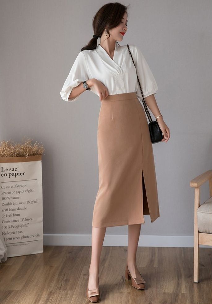 タイトスカート フロントスリット入りひざ丈タイトスカート