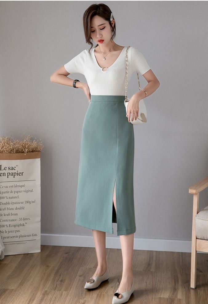 タイトスカート フロントスリット入りひざ丈タイトスカート