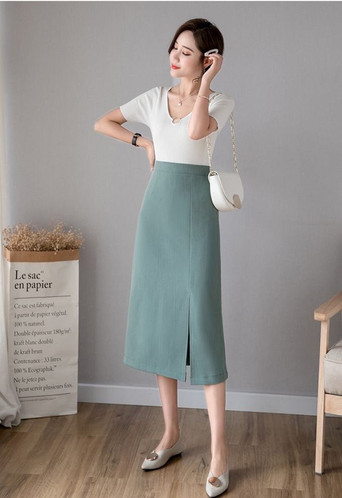 タイトスカート フロントスリット入りひざ丈タイトスカート