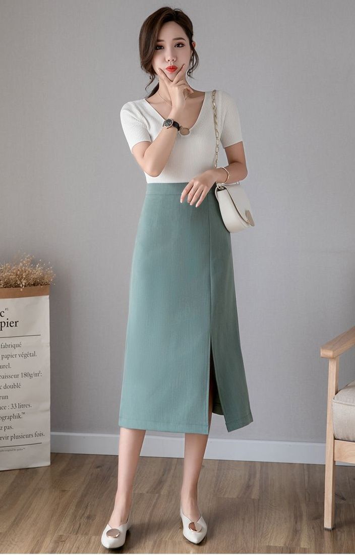 タイトスカート フロントスリット入りひざ丈タイトスカート