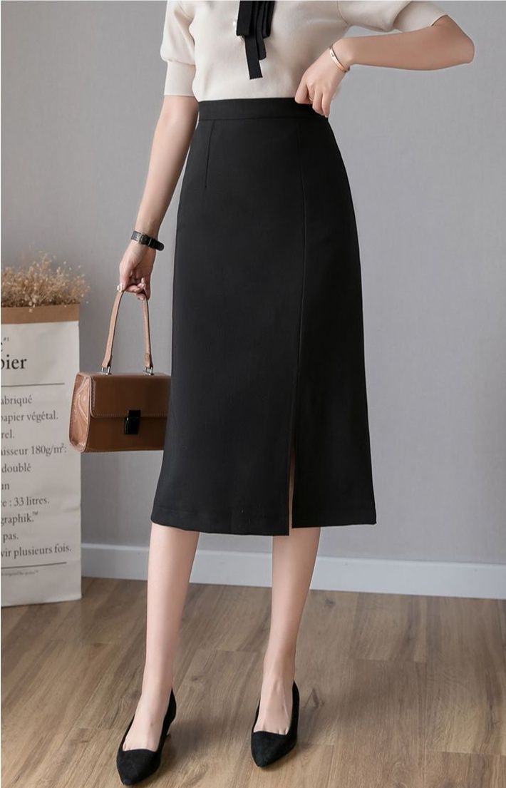 タイトスカート フロントスリット入りひざ丈タイトスカート