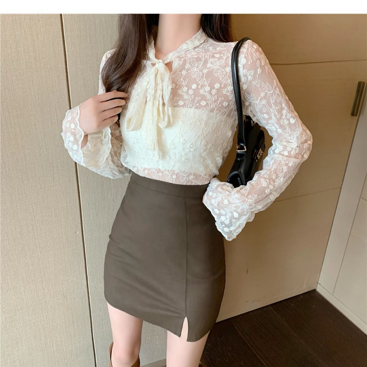 タイトスカート 合成皮革スリット入りハイウエストタイトスカート