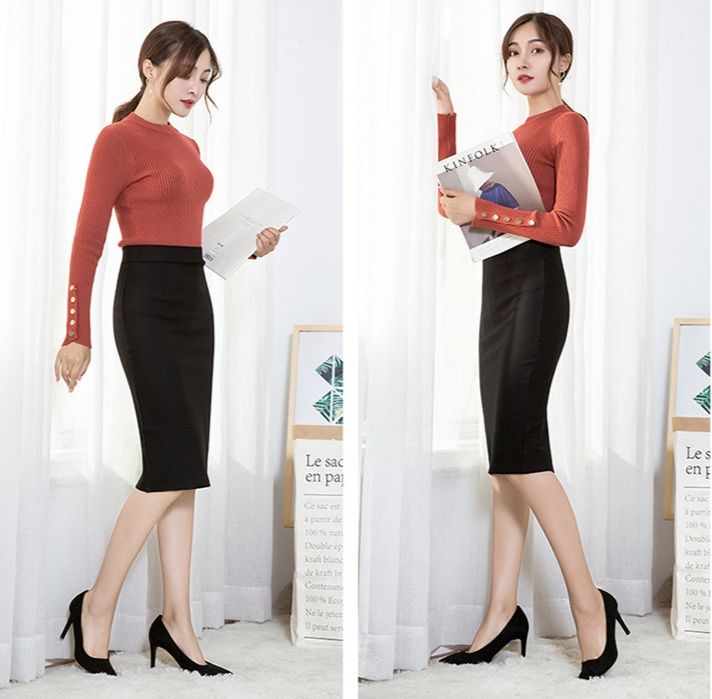 サイドスリット入りハイウエストひざ丈タイトスカート