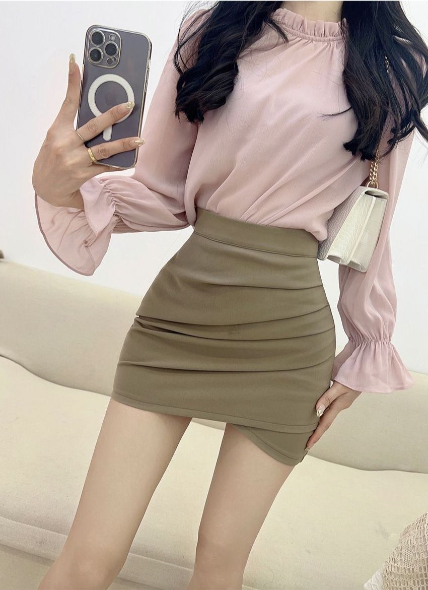タイトスカート サイドギャザー入りハイウエストミニスカート