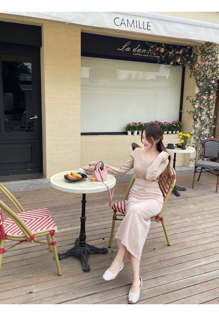 タイトスカート リボンベルト付きニットタイトスカートロング丈