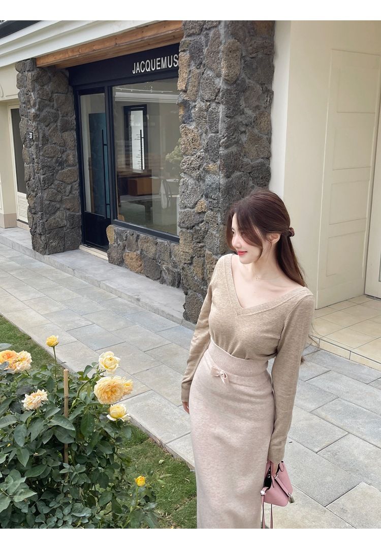 タイトスカート リボンベルト付きニットタイトスカートロング丈