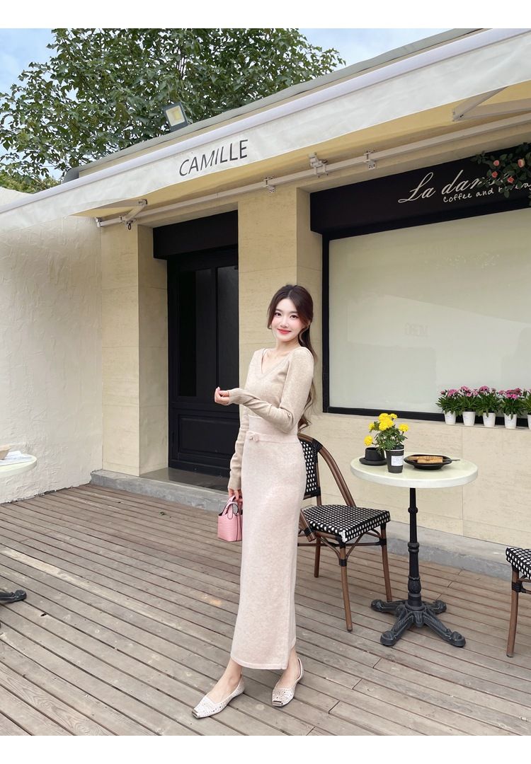 タイトスカート リボンベルト付きニットタイトスカートロング丈