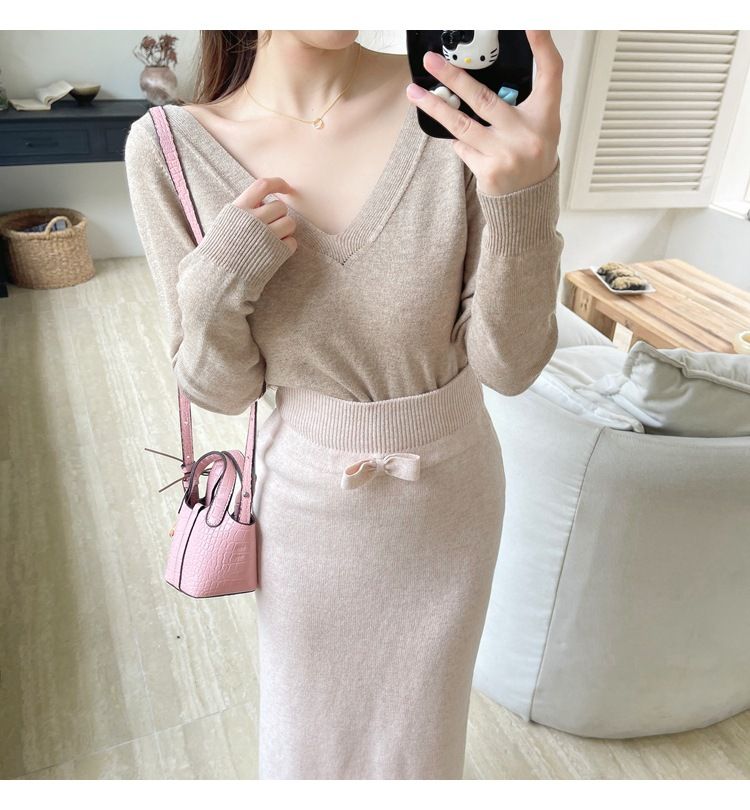 タイトスカート リボンベルト付きニットタイトスカートロング丈